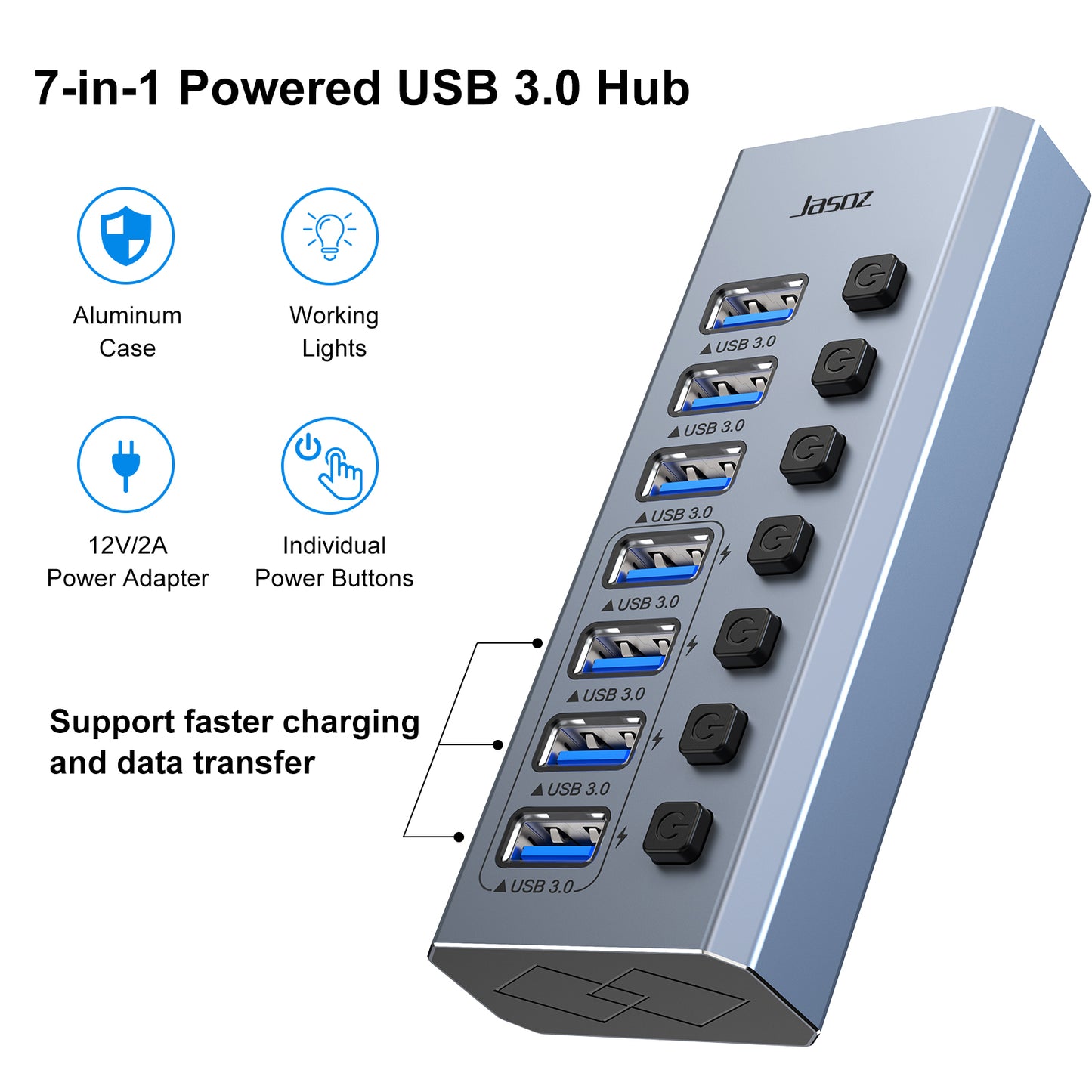 Jasoz USB 3.0 Hub 16/10/7 Ports Super Speed 5Gbps Portable Splitter With External Power Adapter Pc