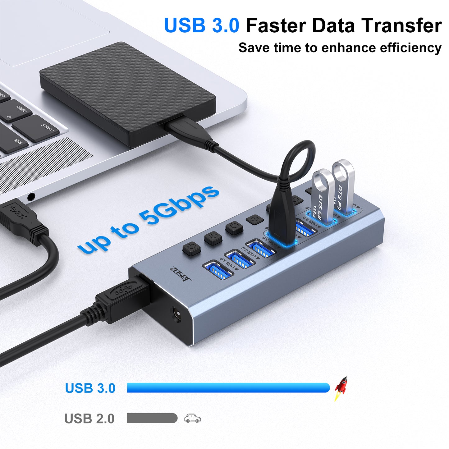 Jasoz USB 3.0 Hub 16/10/7 Ports Super Speed 5Gbps Portable Splitter With External Power Adapter Pc