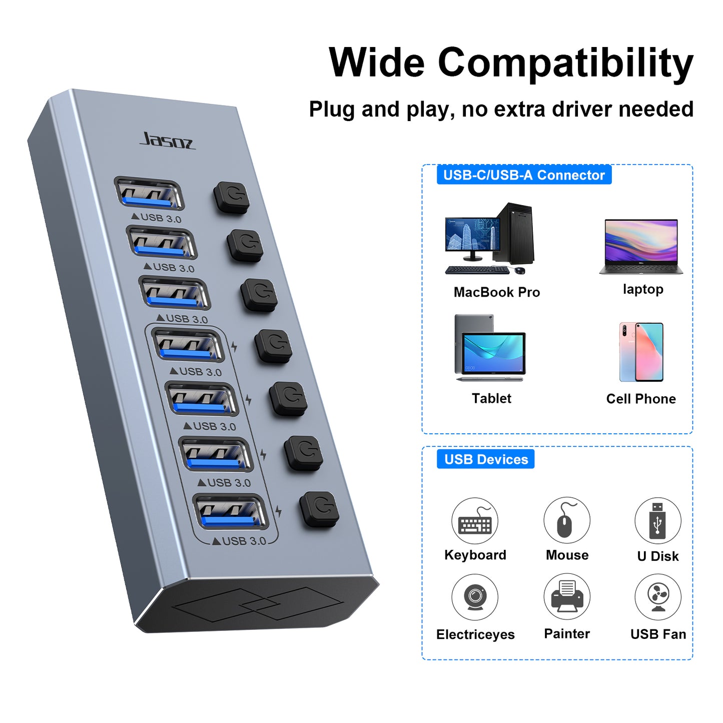 Jasoz USB 3.0 Hub 16/10/7 Ports Super Speed 5Gbps Portable Splitter With External Power Adapter Pc