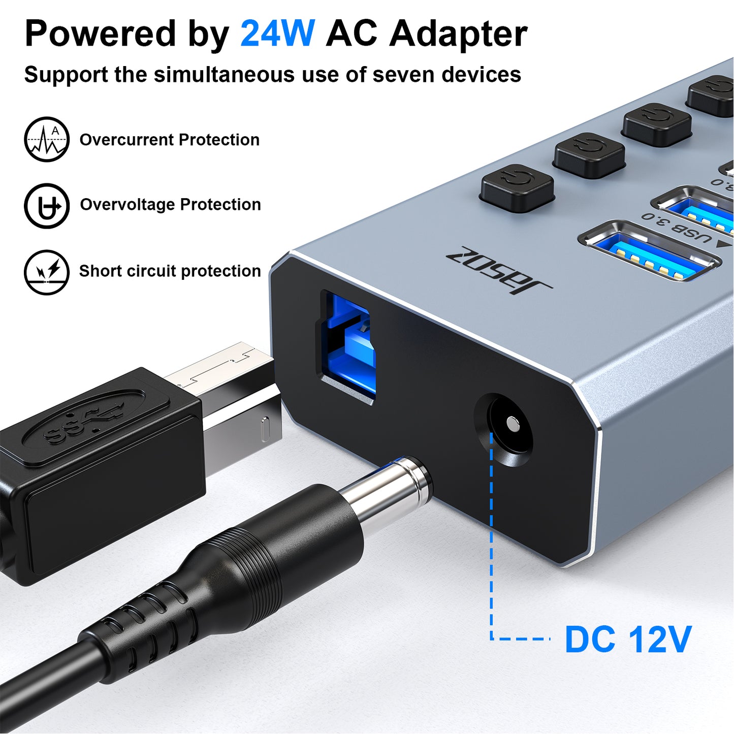 Jasoz USB 3.0 Hub 16/10/7 Ports Super Speed 5Gbps Portable Splitter With External Power Adapter Pc