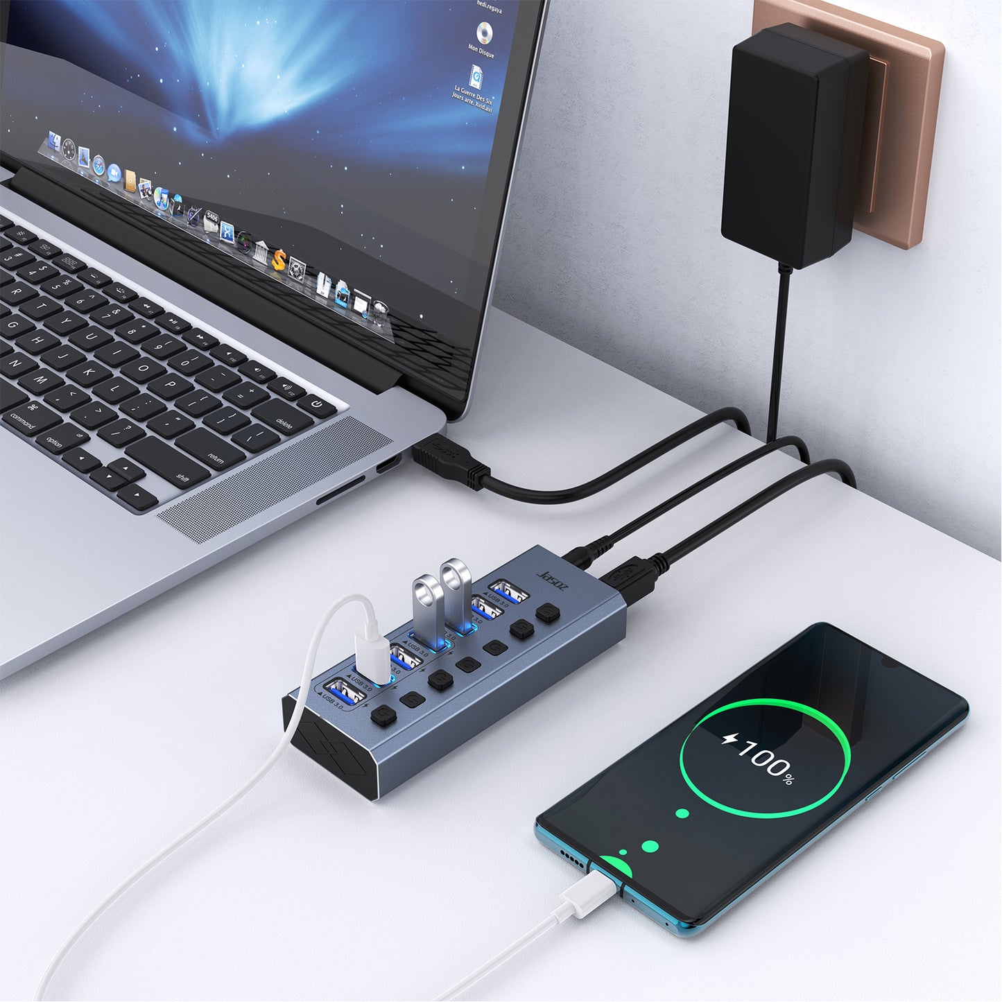 Jasoz USB 3.0 Hub 16/10/7 Ports Super Speed 5Gbps Portable Splitter With External Power Adapter Pc