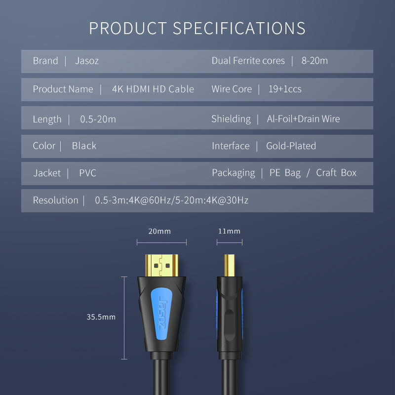 Jasoz HDMI Cable 4K 1080P HDMI Cable Adapter High Speed 18Gbps Cable For Apple TV LCD PS3/4/5 Switch